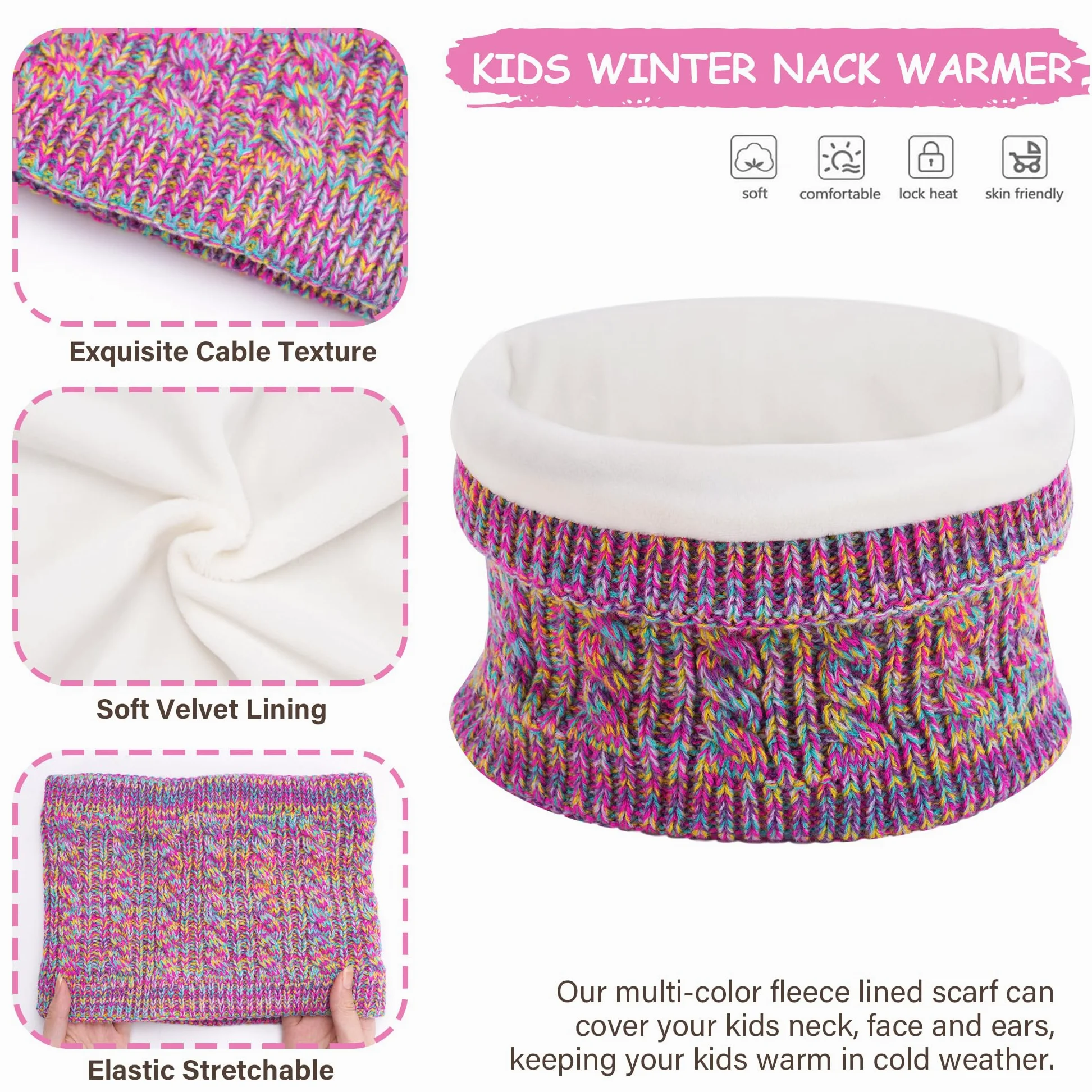 ZASFOU Cappello Invernale Sciarpa Guanti Touch Screen Set per Bambini 3-6-12 Anni Berretto Cappelli in Maglia con Pompon Scaldacollo Guanto Regali per Ragazze Ragazzo