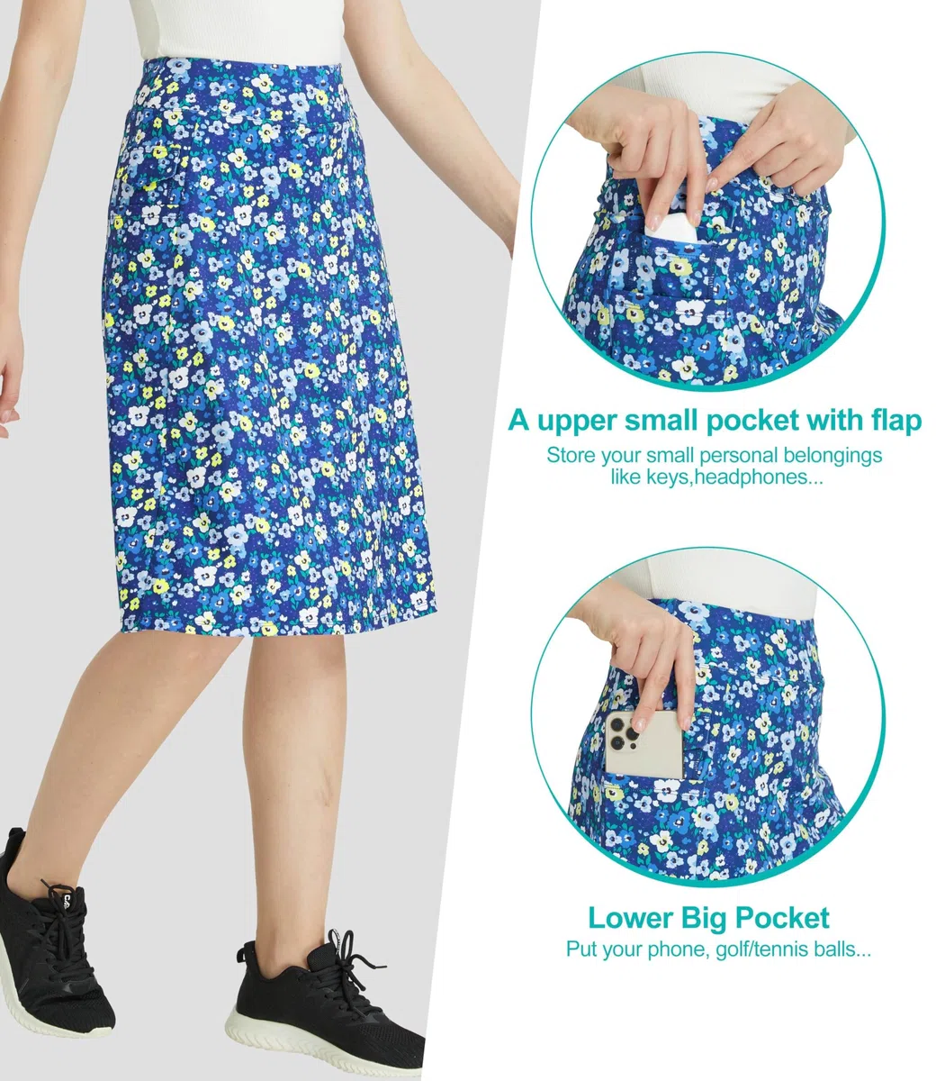 Midi Gonna Pantalone Donna de Tennis Golf Sportivi Gonna al Ginocchio da Corsa con Pantaloni Interni e Tasche Modesta Lunga Skort 2 in 1(Fiori Blu,XXL)