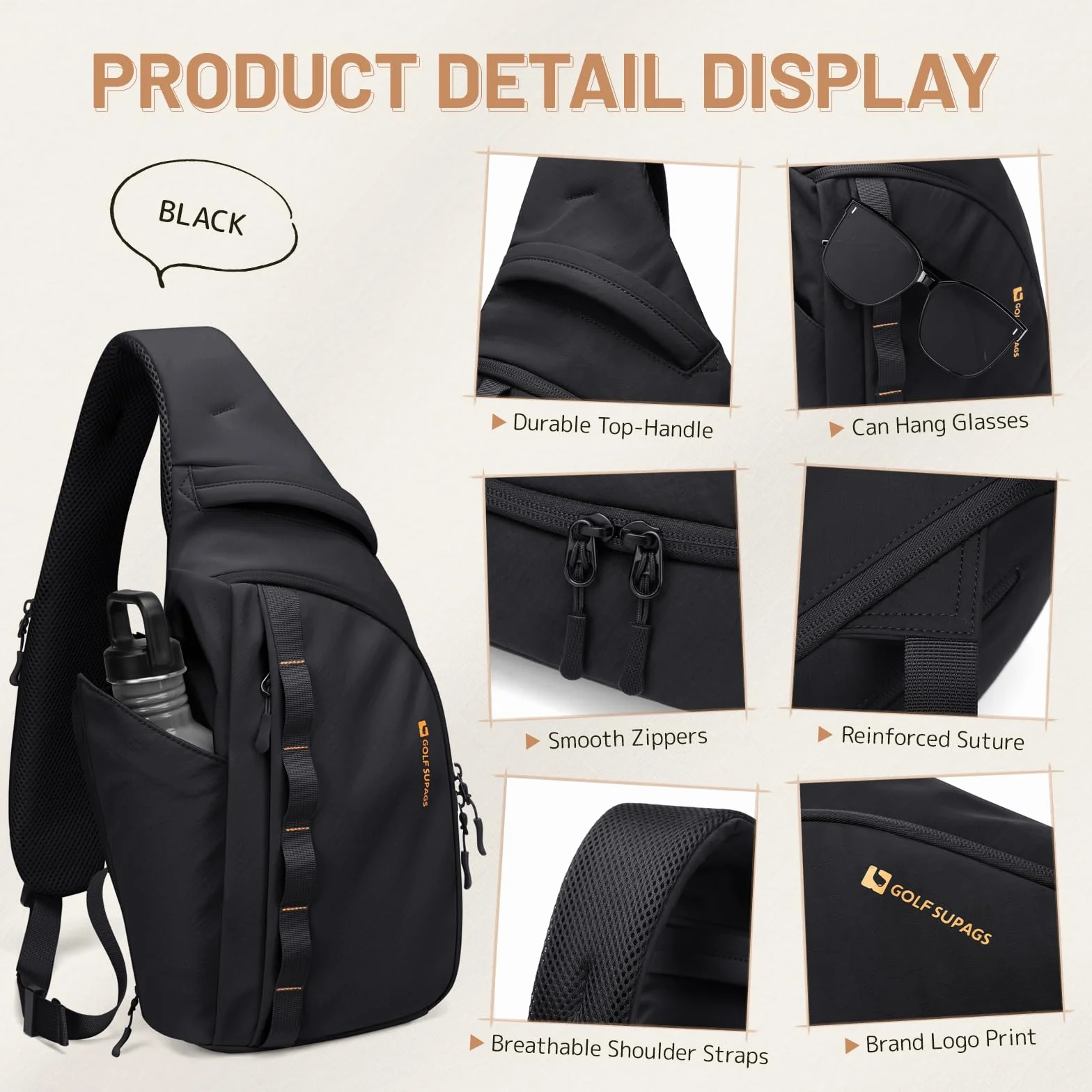 GOLF SUPAGS Zaino Monospalla Tattico Uomo Donna, Multifimzioni Zaini Petto, Leggero Borsa a Tracolla per Sport Viaggio Ciclismo Campeggio Escursionismo (Nero)