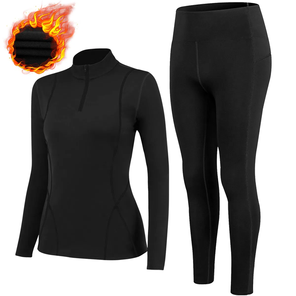 TBoonor Intimo Termico Donna Imbottito con Collo Alto, Tuta da Sci Set Pantaloni e Maglia Termica Asciugatura Rapida Maglie Termico Donna per Sci Corsa Palestra