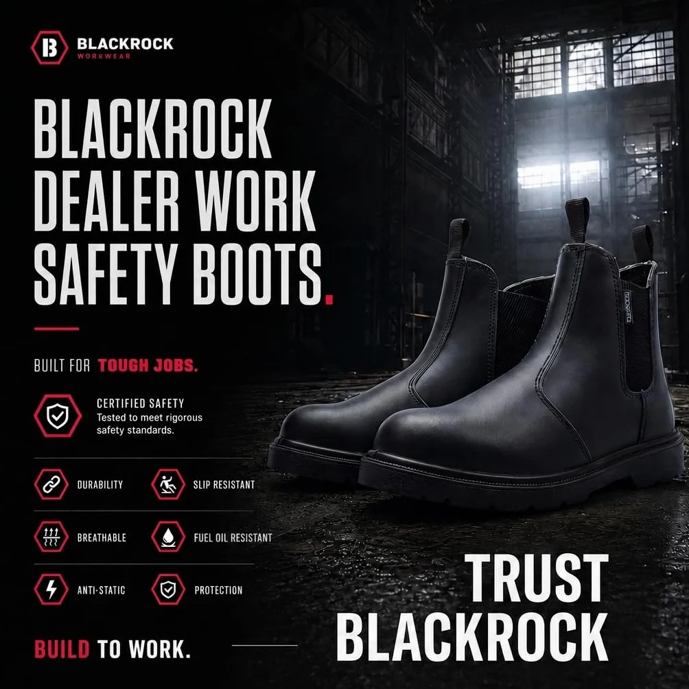 Blackrock Dealer Stivali di sicurezza da lavoro, Punta d'acciaio, Stivali Chelsea, Uomo Donna, Scarpe di sicurezza, Giardinaggio, Nero, Equitazione, Cantiere, Scarpe antiscivolo, Leggero