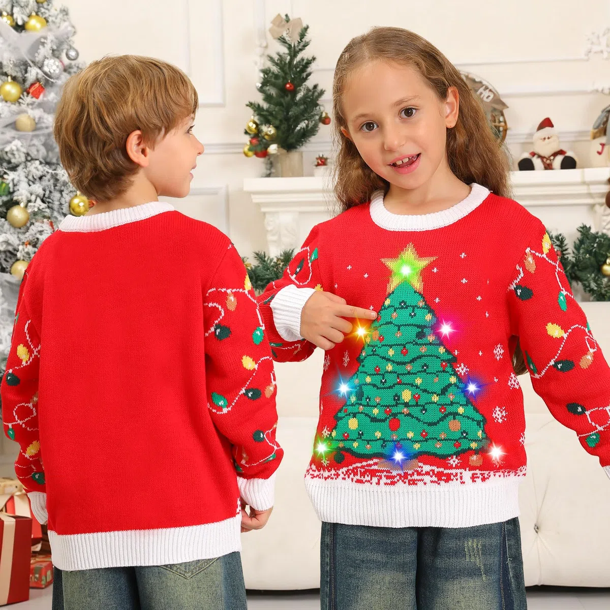Kouric Maglione Natalizio Uomo con Luci, Maglione Natalizio Donna Divertenti, Girocollo Maglioni Natalizi Famiglia LED Ugly Christmas Sweater, Brutti Maglioni di Natale per Uomo/Donna/Coppia/Bambino