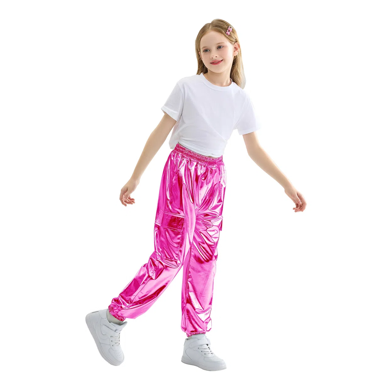 Rolanko Ragazze Pantaloni Cargo Metallizzati, Hip Hop da Ballo Streetwear con Vita Elastica per Bambini