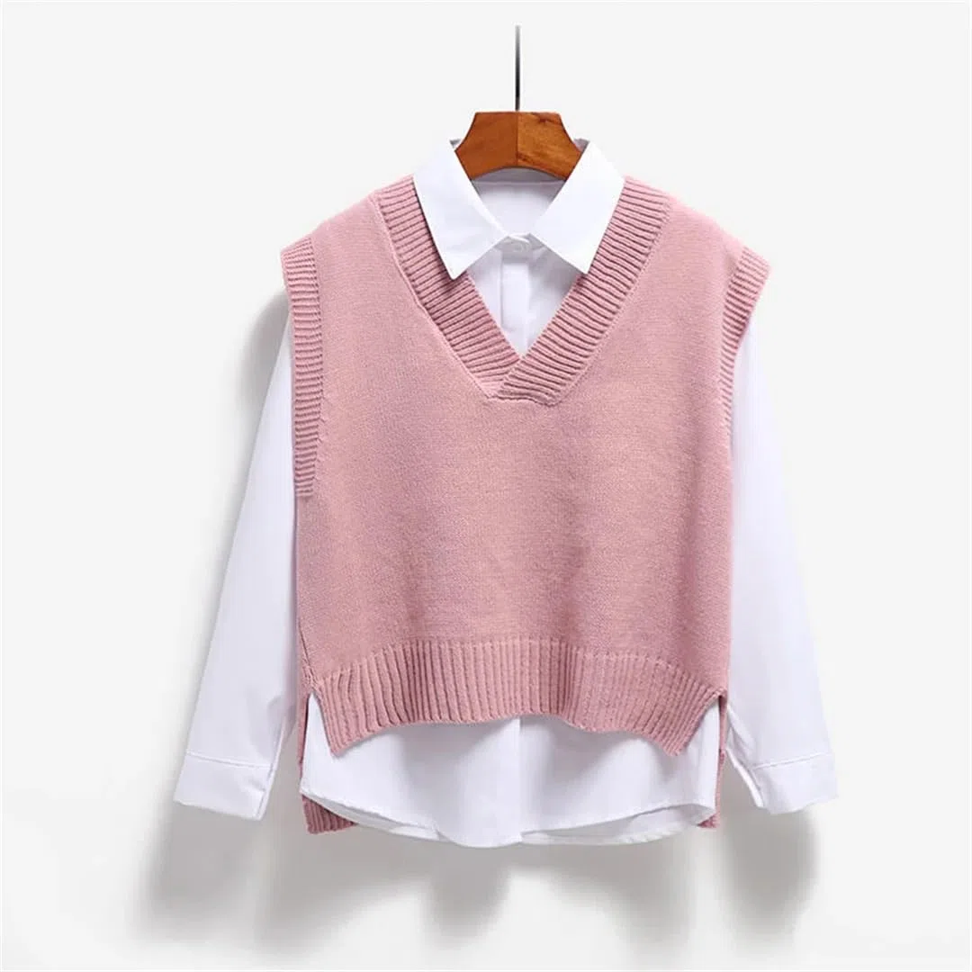 Maglione in cotone da donna Gilet con scollo a V Maglia Maglia tinta unita Pullover senza maniche