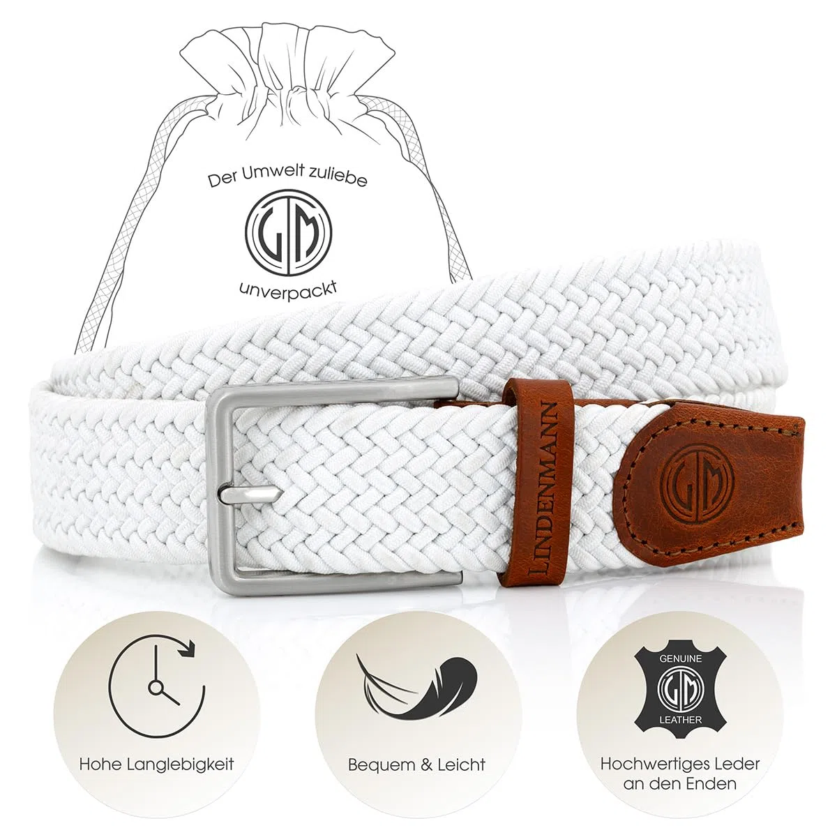 Lindenmann Cintura elasticizzata da uomo, cintura intrecciata in tessuto per il golf, bianca
