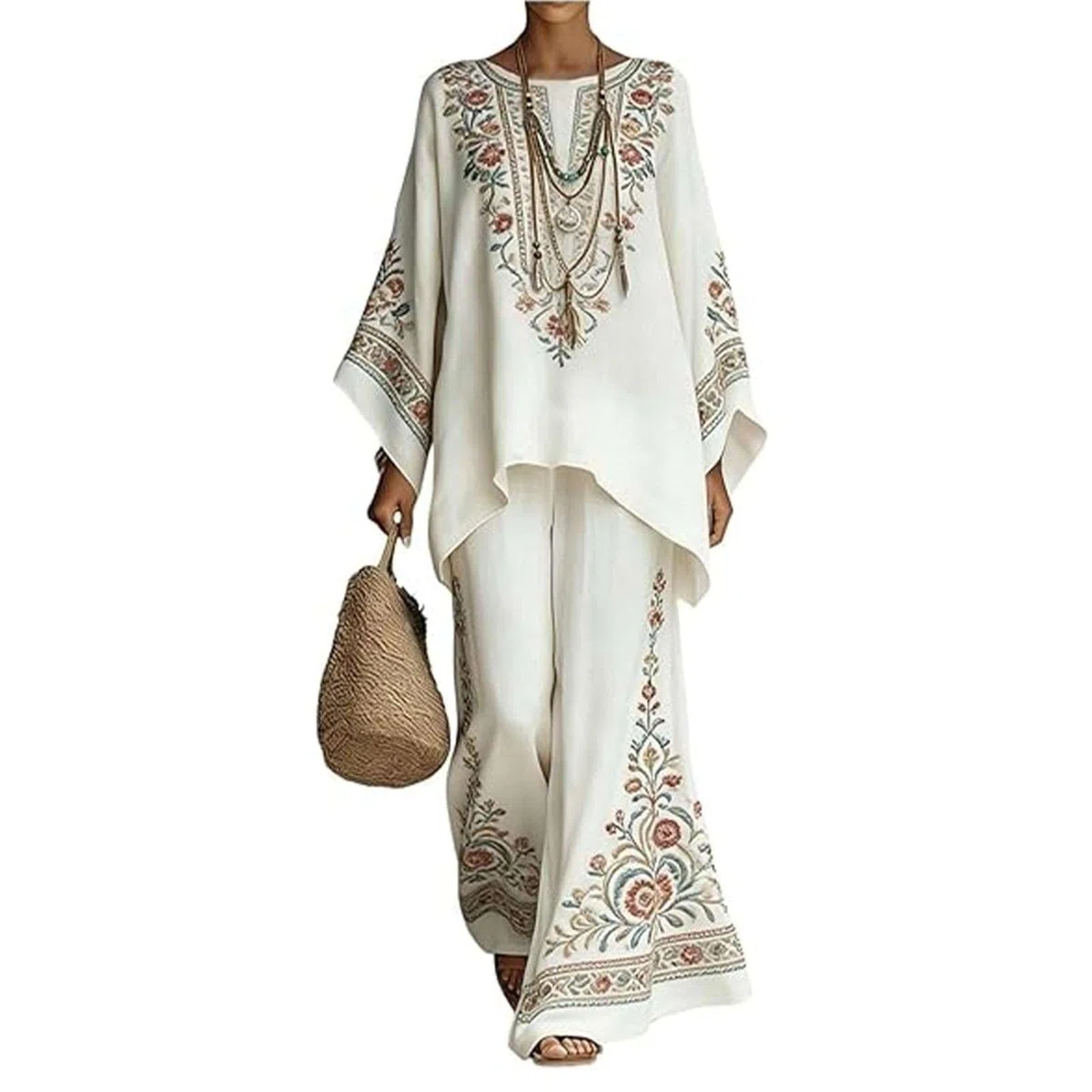 2 Pezzi Tuta Donna Complete Elegante Lino Estivo Boho Chic Top Kaftano Vintage e Pantaloni Gamba Larga Tute Curvy Completo Cerimonia Leggero Taglie Forti Spiaggia Vacanze Primaverile Set