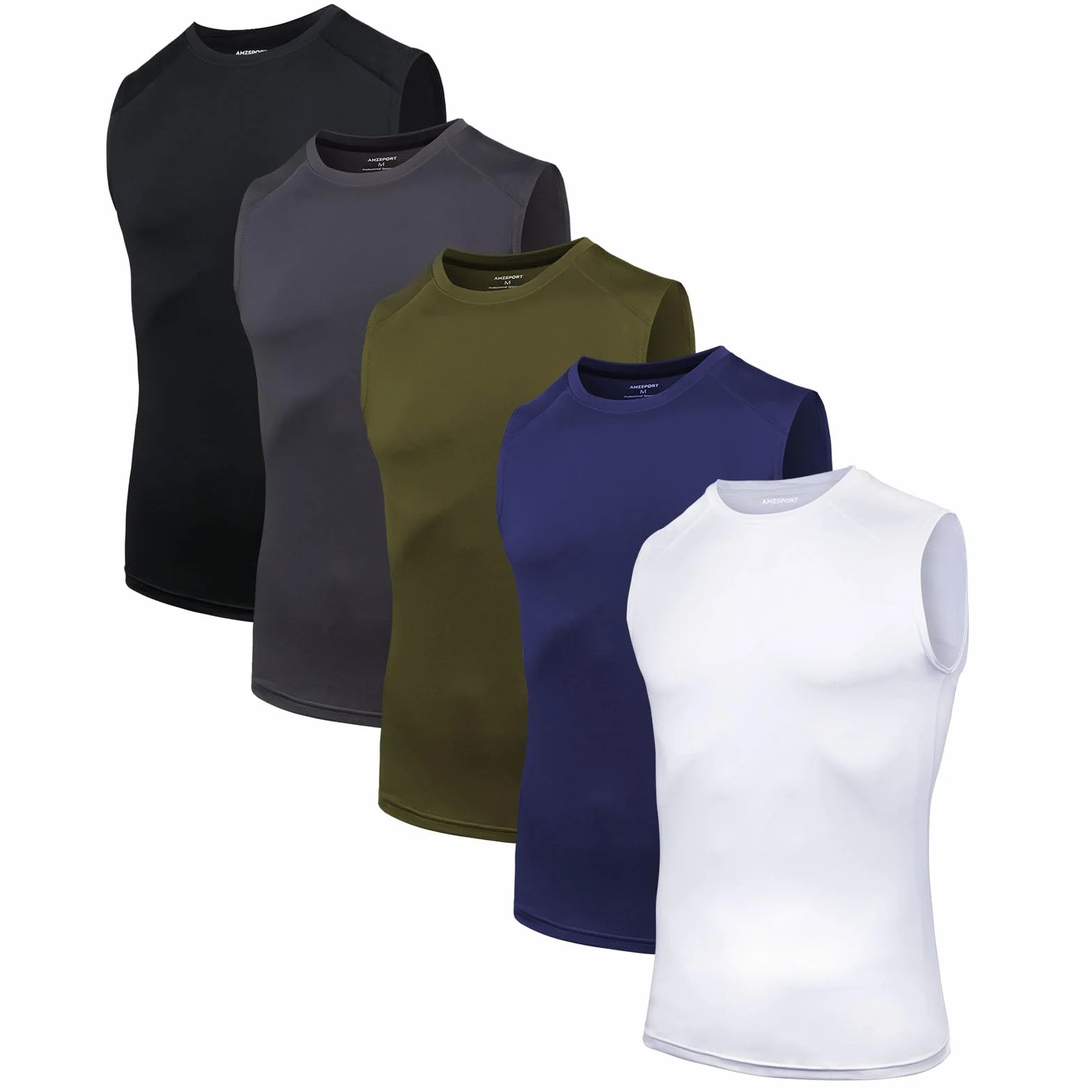 AMZSPORT Confezione da 5 Canotte da Uomo Traspiranti Maglia a Compressione, Maglia Funzionale, Maglia da Corsa, Canotta Senza Maniche per Sport, Palestra, Fitness e Running