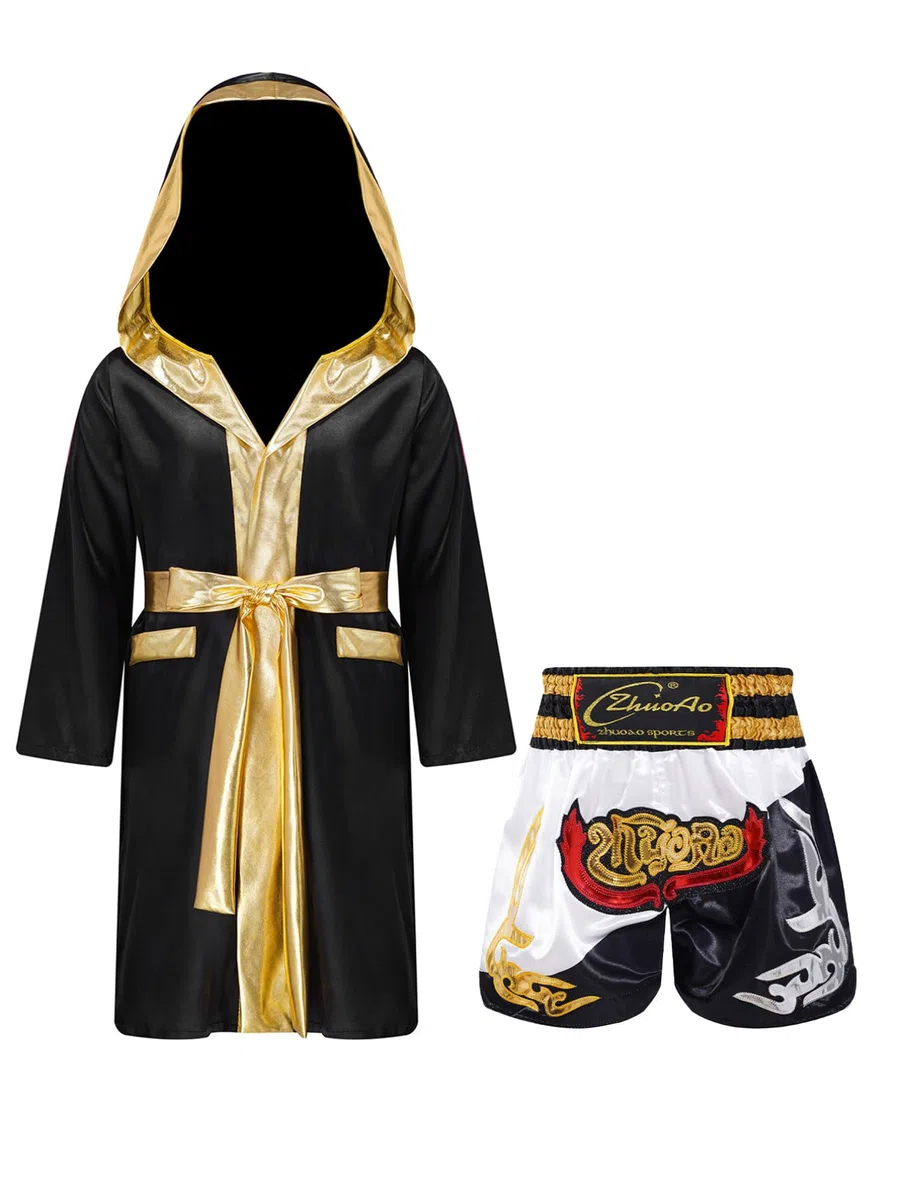 YiZYiF Costume da Pugile da Bambini e Ragazzi Boxe Outfit Manica Lunga Robe +Pantaloncini Kick Boxing per Arti Marziali