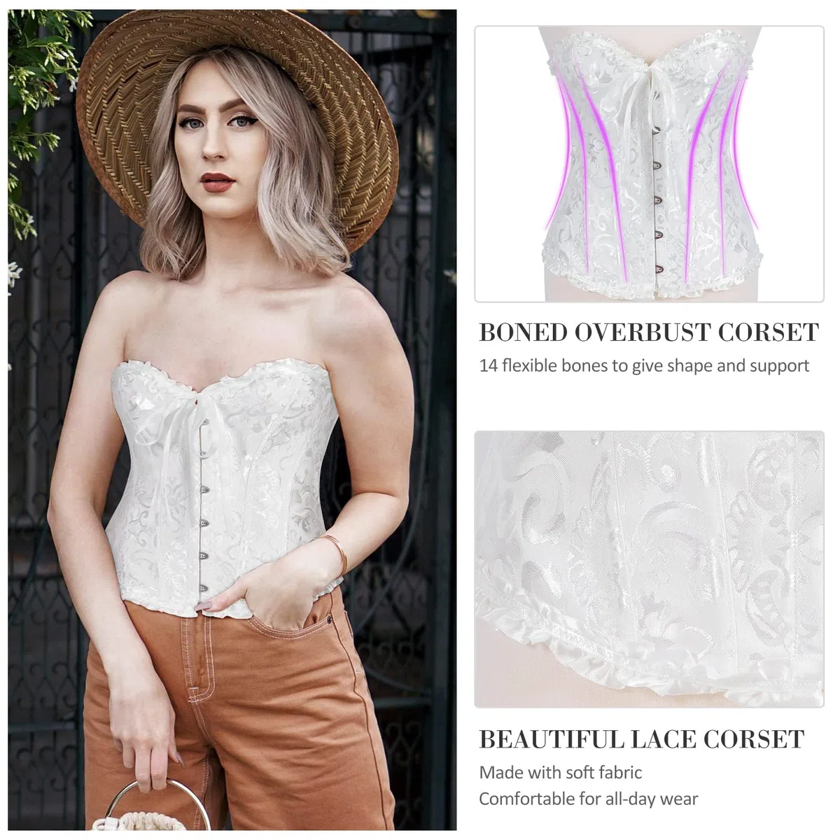 VONMELLI Corsetto Donna Sexy Bustino Shapewear Lingerie Elegante Corsetto Pizzo Fino Disossato Overbust Bustier Lingerie Top per Halloween, Carnevale, Cosplay e Feste