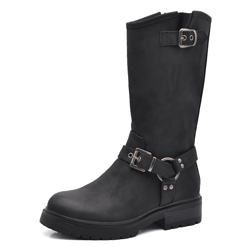 IF Fashion Scarpe Stivali da Donna Al Polpaccio Biker Motociclista Con Fibbie Cinturino Anfibi MP730