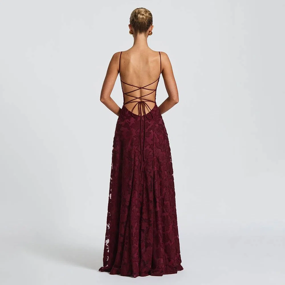 Generico Vestito da Dama d'Onore in Pizzo Jacquard Floreale, Abito Lungo Senza Maniche con Schiena Scoperta e Lacci per Matrimonio e Ballo