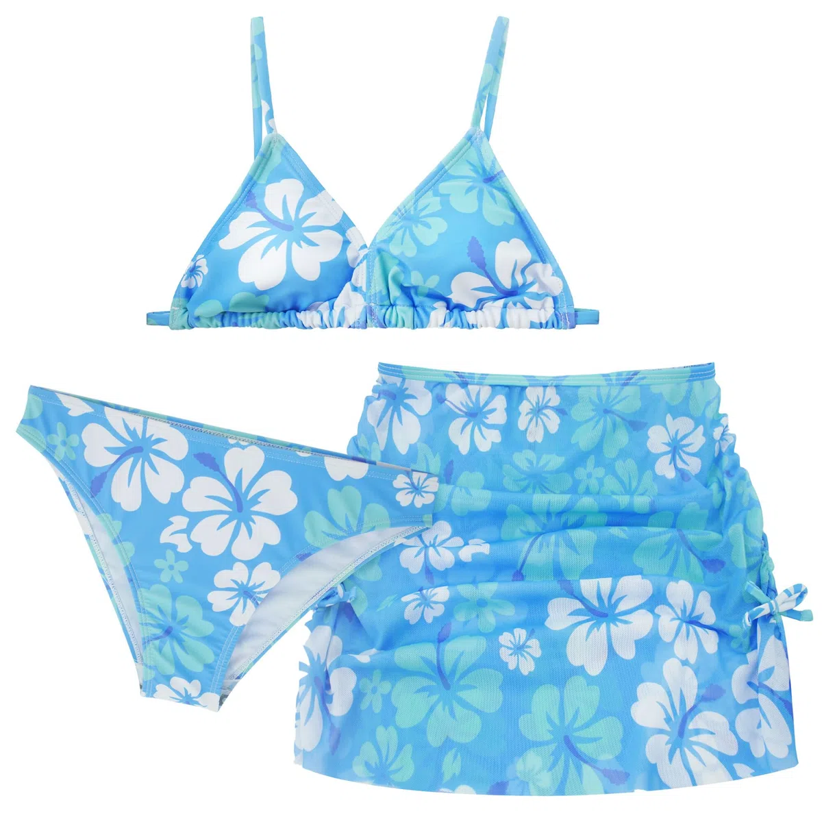 SEAUR Bikini da bambina con gonna, 3 pezzi, costume da bagno stampato, costume da bagno imbottito, per 140-170 cm