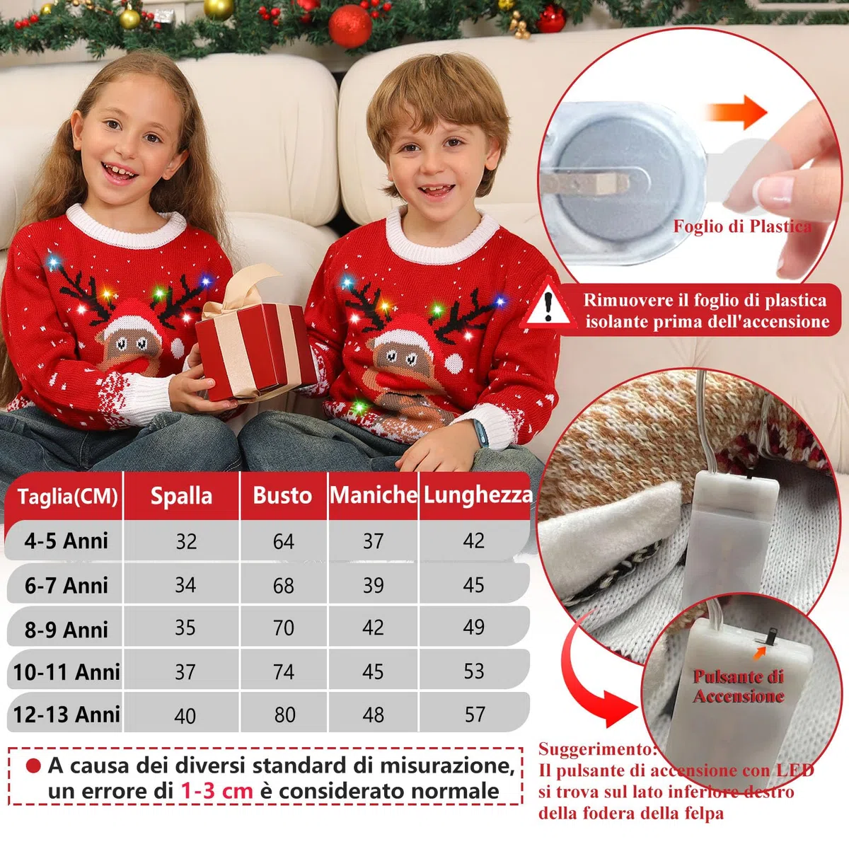 Maglione Natalizio Bambino con Luci, Maglioni Natalizi Bambini Divertenti, Girocollo Maglioncino Natalizio Famiglia Led Ugly Christmas Sweater,Brutti Maglioni di Natale per Bimbo/Bimba/Ragazza/Ragazzo