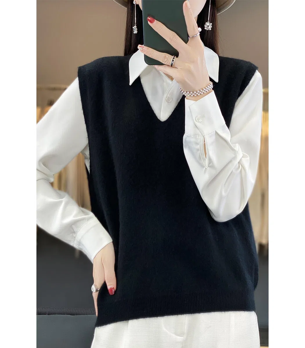 Maglione da donna con scollo a V, in 100% lana merino, leggero, senza maniche, gilet di base, top corti