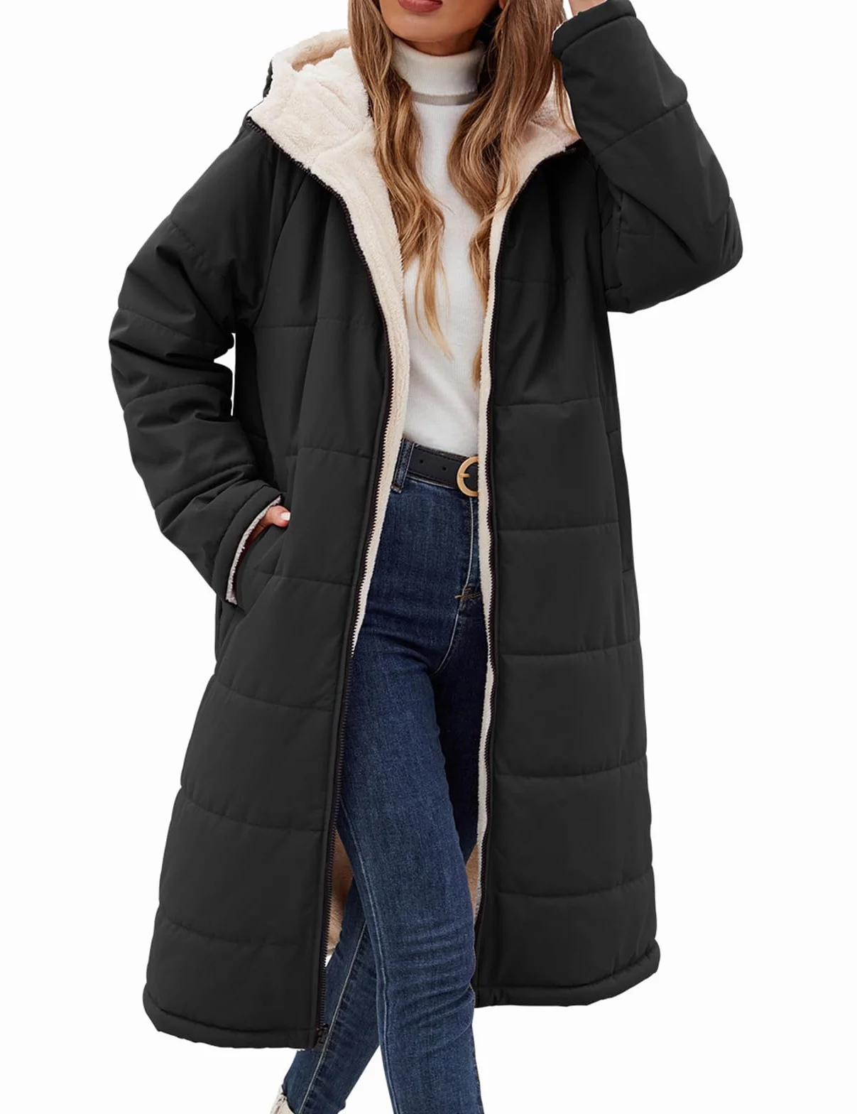 Tuopuda Cappotto Giubbotto Donna Invernale Giacca Cappotti Imbottita Caldo Parka Reversibile Sherpa Fleece Felpa con Cappuccio Giacche Trapuntato Lugghezza Giaccone Outdoor