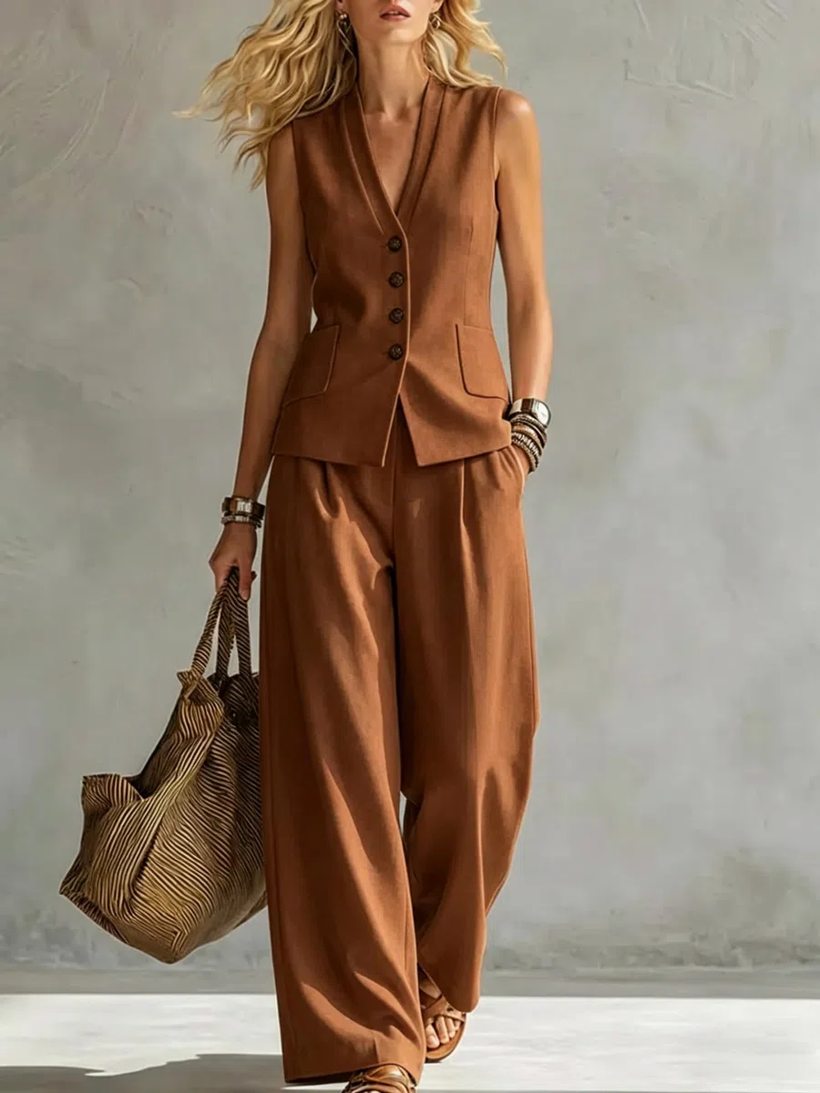 Completo da Donna A Due Pezzi: Gilet Senza Maniche con Scollo A V E Bottoni, E Pantaloni A Gamba Larga con Tasche, Set Estivo Coordinato per Lavoro, Ufficio E Affari.