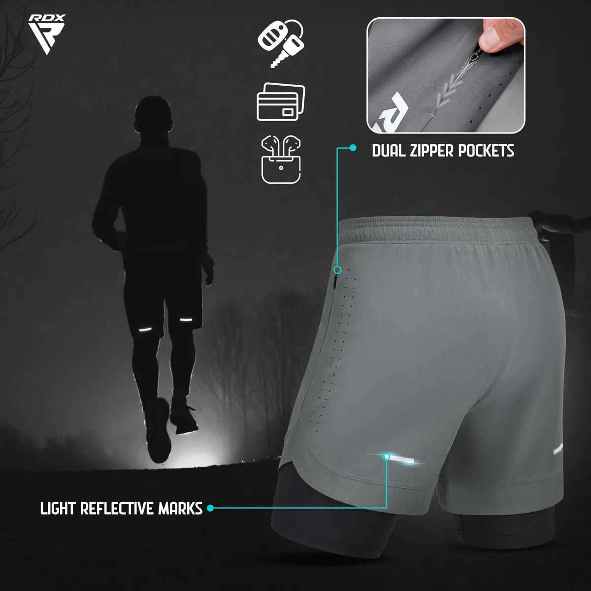 RDX Pantaloncini Running Uomo, Sportivi Running Bermuda, Elastici Leggeri Ad Asciugatura Rapida con 2 con Cerniera e 2 Tasche per Telefono per Allenamento Fitness, Jogging, Nuoto, Ciclismo, Yoga