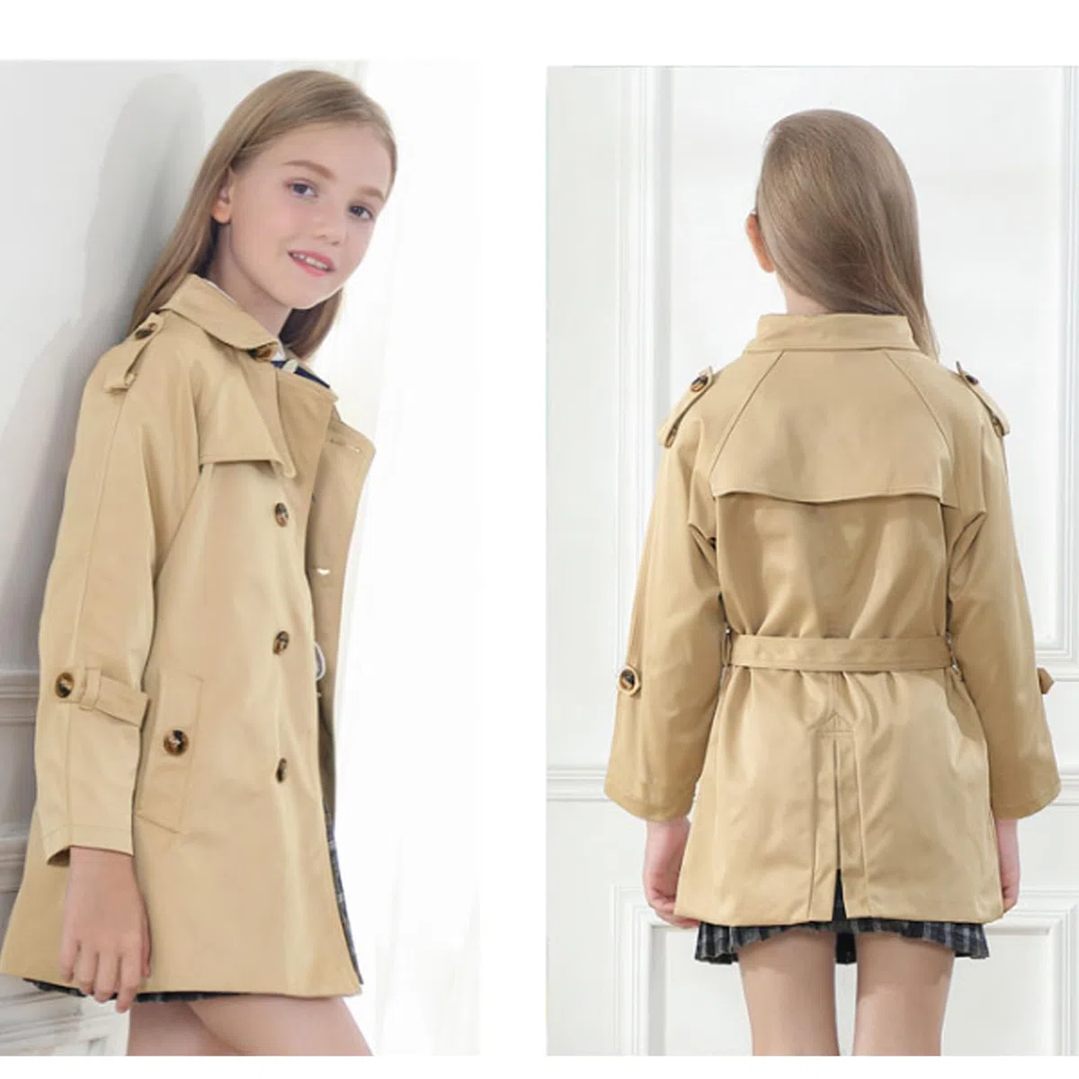 Giacca a Vento da Bambino Bambina Ragazzo Doppio Petto Elegante Trench Cappotto con Cintura 2-10 Anni