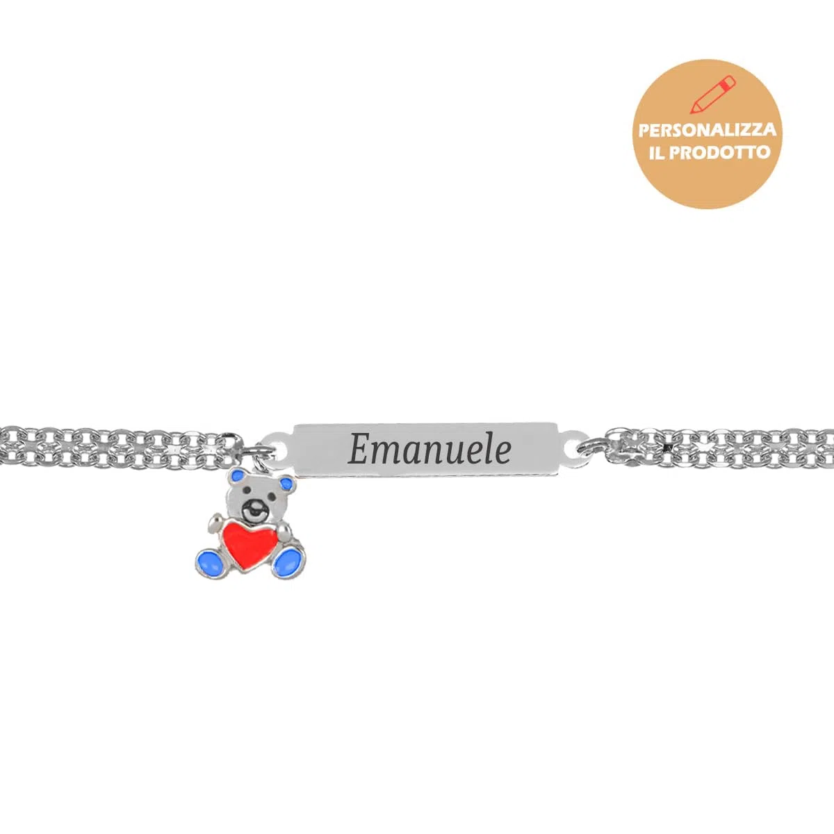 Sakrami Bracciale in Argento 925 con Piastrina Personalizzabile con Nome e Orsetto Smaltato + Idea Regalo Bambina e Bambino - Braccialetto Dolce per Nascita, Battesimo, Comunione, Compleanno