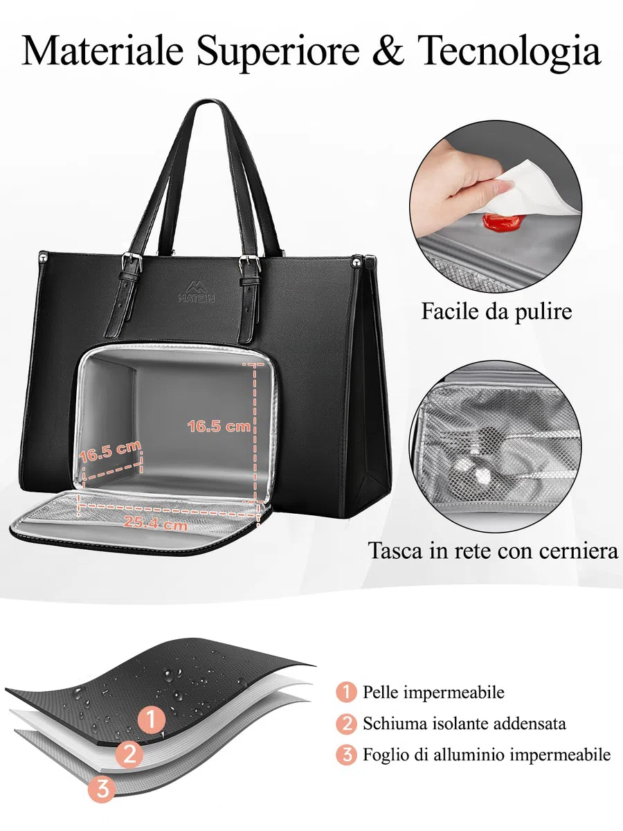 MATEIN Borsa Lavoro Donna con Scomparto Pranzo Isolato, Grande Borsa Porta PC Donna 15,6 Pollici in Pelle PU, Impermeabile Borse Tote Bag per Università, Ufficio, Shopper, Termica Porta Pranzo, Nero