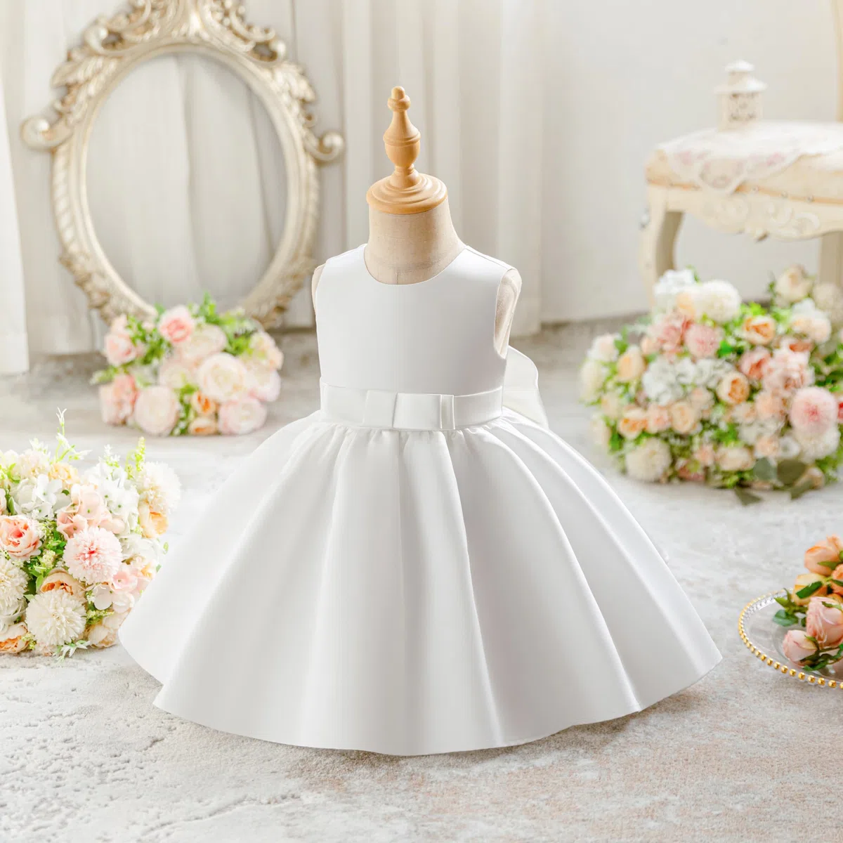 Miipat Abitini per Bambina Raso Abito da Fiorella Matrimonio, Nodo a Fiocco Schiena a V Principessa Formale Vestito Compleanno Abiti Bambine Abito da Battesimo per Ragazze 6 Mesi-4 Anni