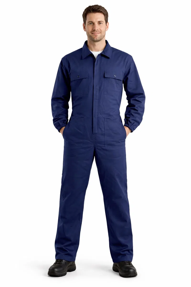 Tuta da Lavoro Intera in Cotone, Blu Navy, 260 gr/m², con Elastici ai Polsi, Tasche Multiple