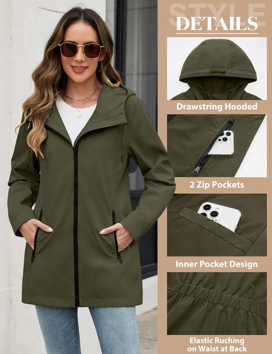 heekpek Giacca da Donna Primaverile Parka Cappotto con Cappuccio Leggero Jacket Giubbotto Elegante Antivento Trench Mezza Stagione Softshell Casual Zip Up Coat Outdoor per Autunno