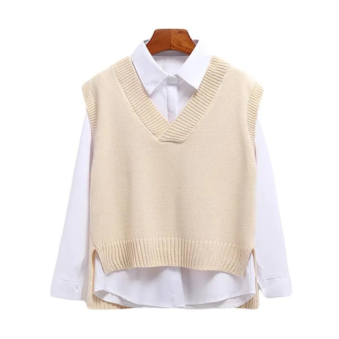 Maglione in cotone da donna Gilet con scollo a V Maglia Maglia tinta unita Pullover senza maniche