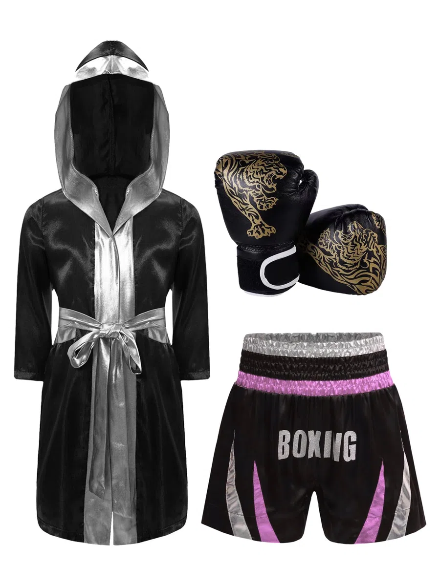 MSemis Pantaloncino Kick-Thai Bambino Ragazzo con Cappotto Pugile e Guanti da Pugile Pantaloncini Muay Thai MMA Kickboxing Trunks Grappling Cage Fighting Training Shorts Rosa&Argento 5-6 anni