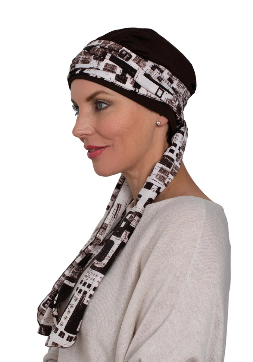 Deresina - Copricapo da donna in bambù con sciarpa attaccata, turbante, per perdita di capelli, morbido ed elegante
