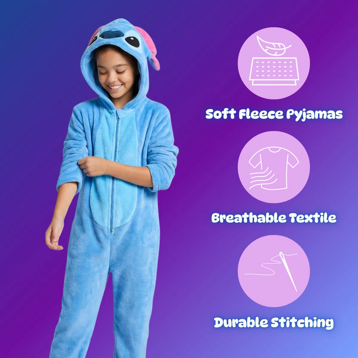 Disney Stitch Pigiama per Ragazze, Pigiama Intero con Cappuccio 3D Design Morbido, Regalo per Bambina e Adolescenti, Taglie 6 a 12 Anni