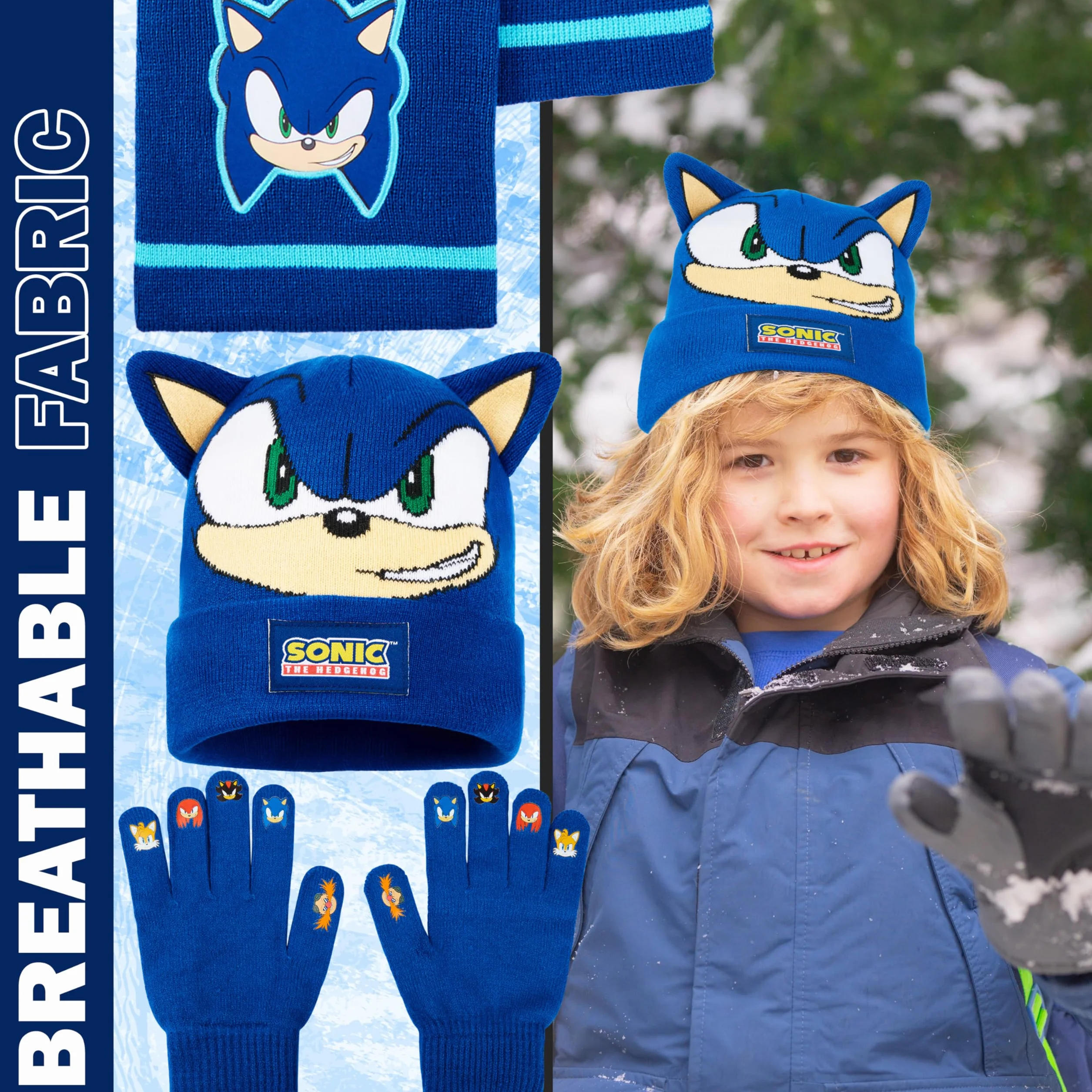 Get Trend SONIC THE HEDGEHOG Set Guanti Cappello e Sciarpa Bambini, 3 Pz Morbido Accessori Invernali Ragazzo, Regalo Gamer
