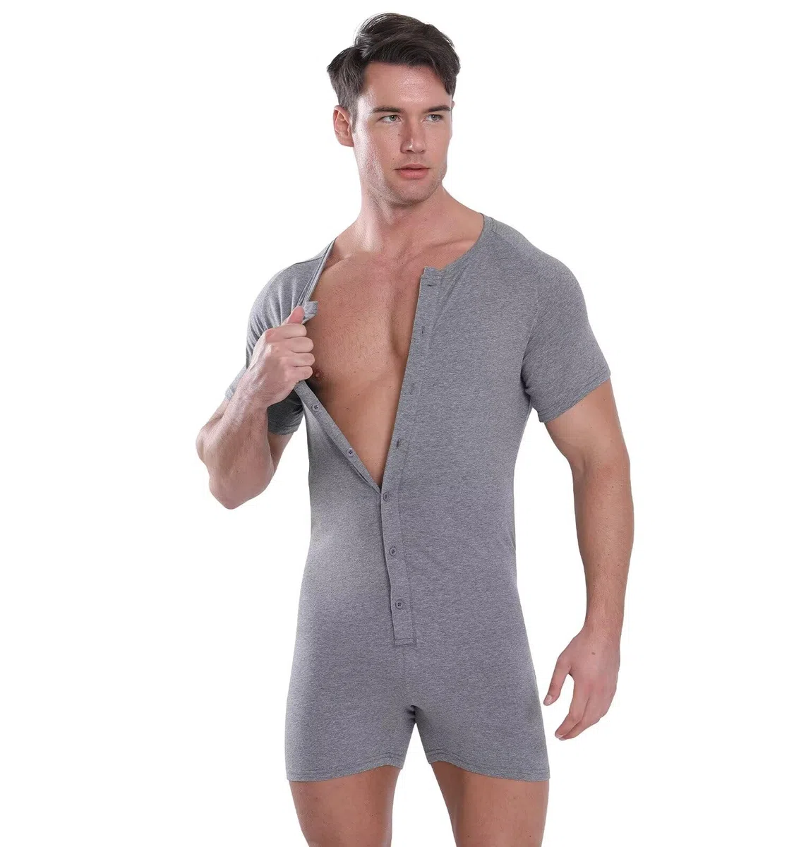 Landofgenie Uomo Onesie Leotard Top Body Shirt One Piece Pigiama Cotone Verde Fibbia Tuta Corte Bodysuit