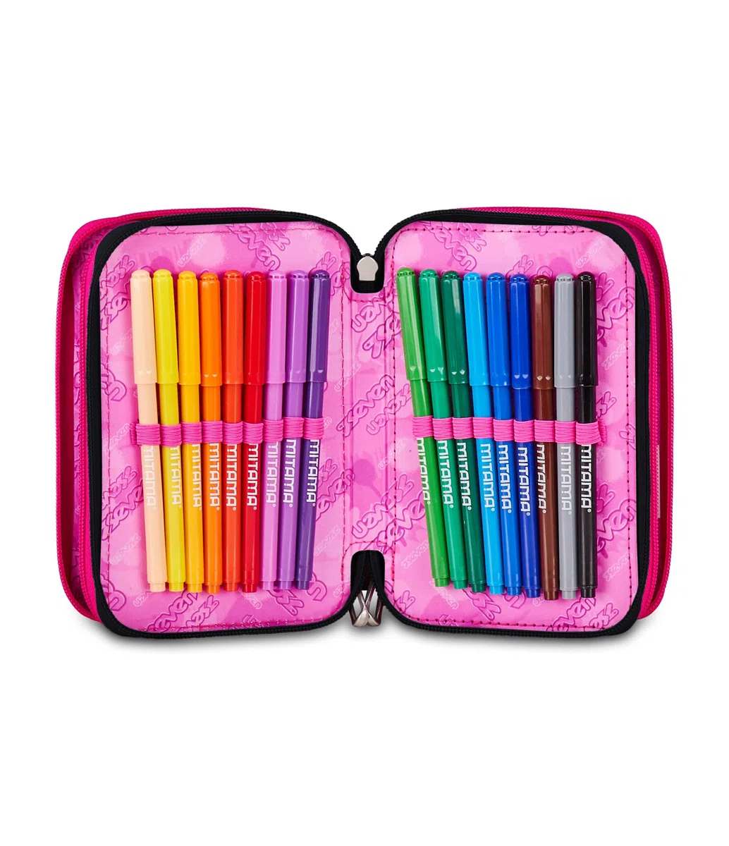 Seven Astuccio Scuola Elementare, 3 scomparti, Medie, con Matite, Pennarelli, Penne, 3 Zip, Starnova, Bambina e Ragazza, nero/fucsia