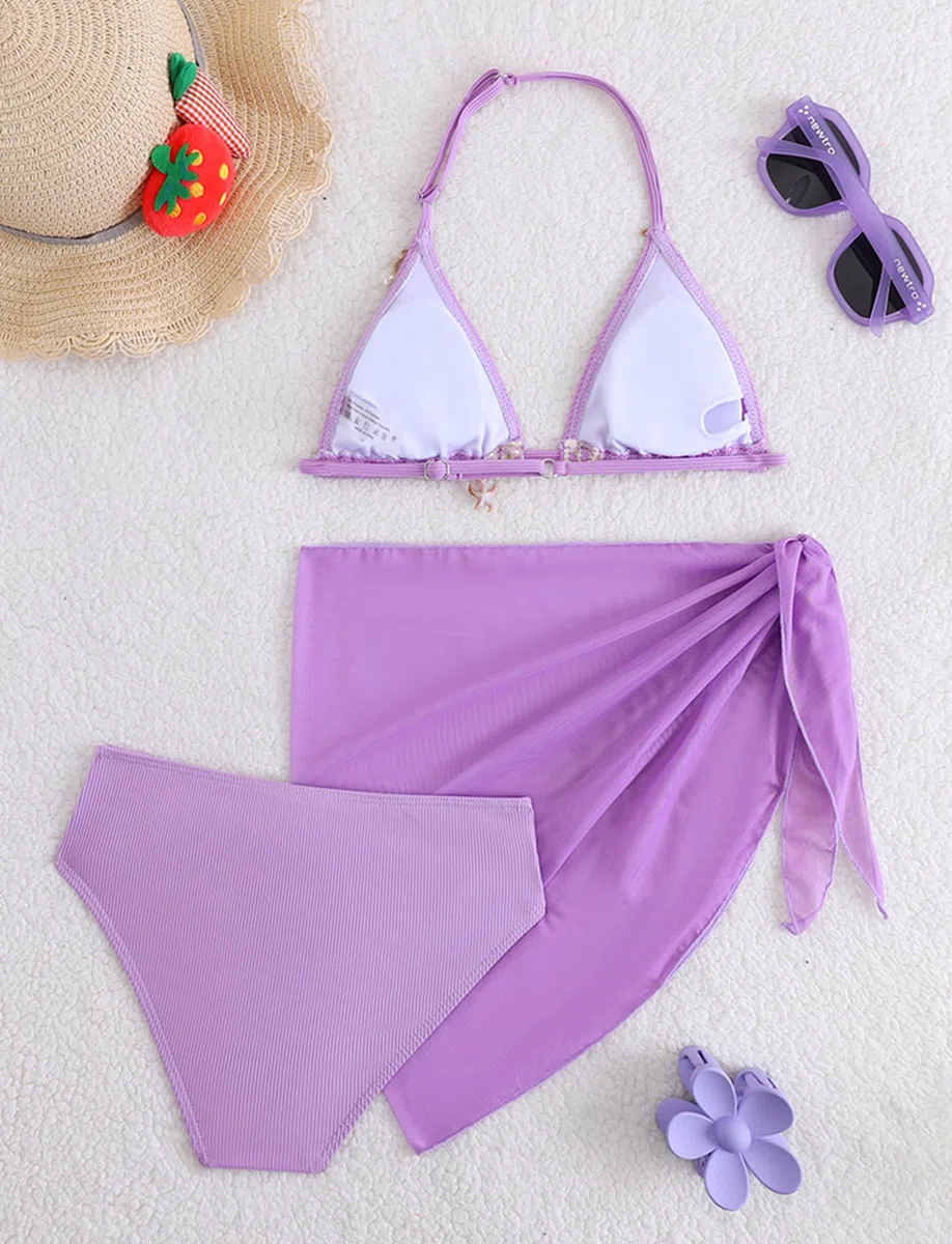 SEAUR Ragazza Set Bikini con Gonna a Maglia 3 Pezzi Costume da Bagno Moda Shell Halter Bikini Set Bambino Estate Spiaggia Piscina 8-12 Anni
