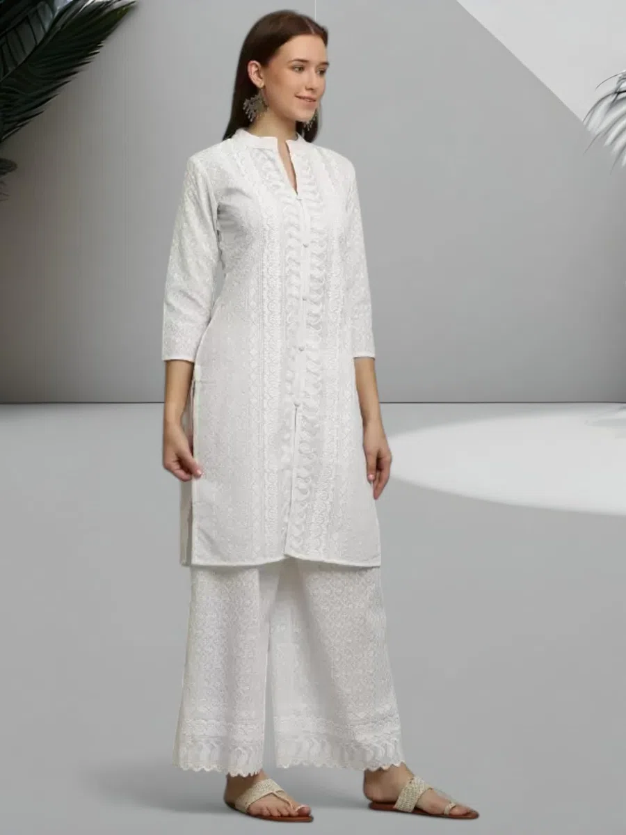 RangMahal - Set da donna in cotone indiano fatto a mano Lucknowi Chikankari Kurta Palazzo tradizionale
