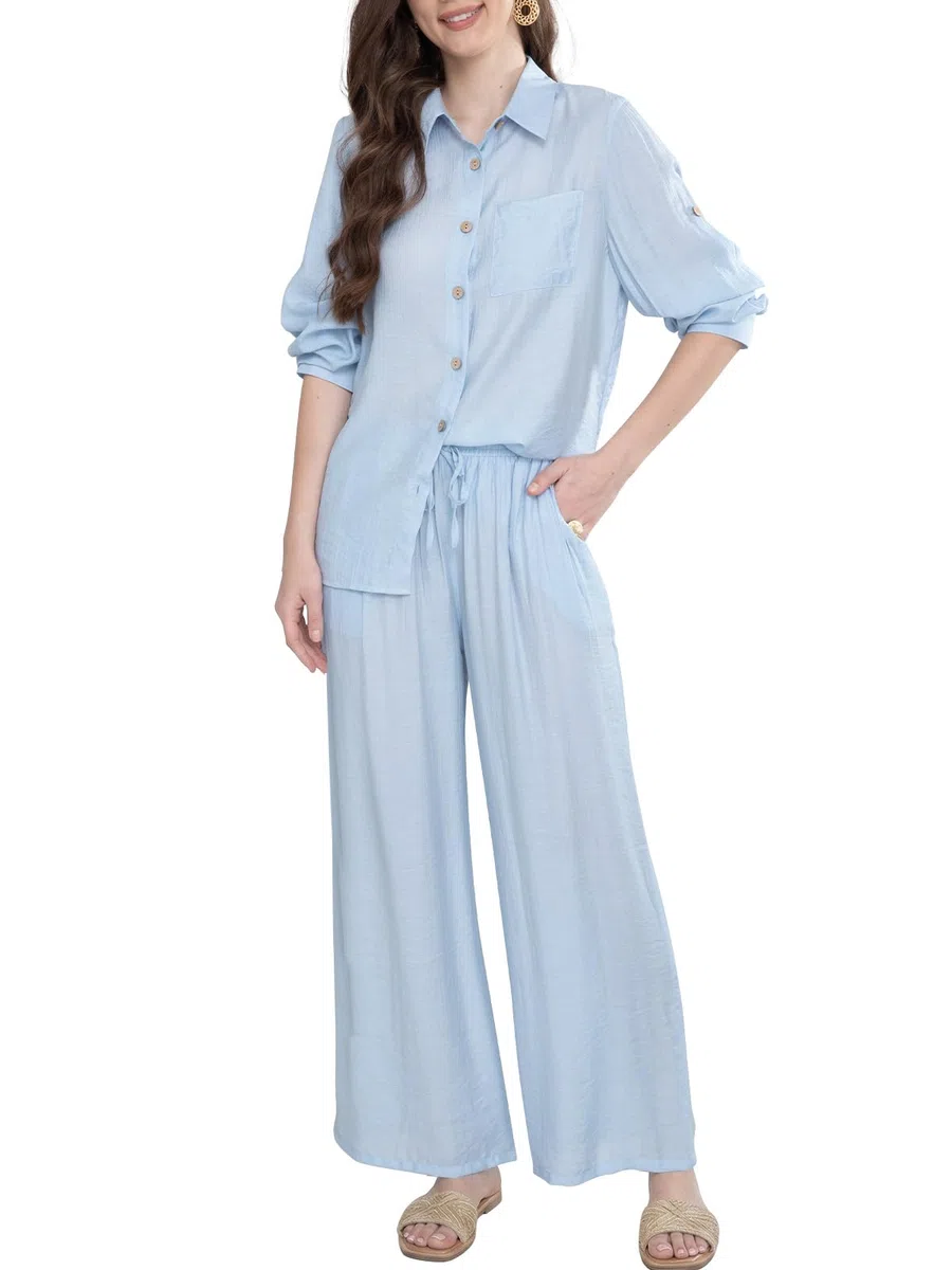Adigaber Tuta da Ginnastica a Maniche Lunghe da Donna Camicia con Bottoni e Vestito Ampio Vita Alta Gamba Larga Coulisse Pantaloni con Tasche