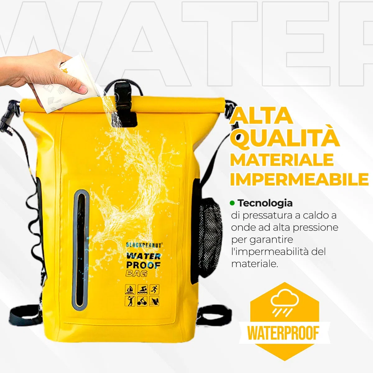 Zaino impermeabile da 25 litri, borsa impermeabile confortevole, borsa impermeabile con tasca esterna per bottiglia d'acqua, ideale per attività acquatiche e all'aperto