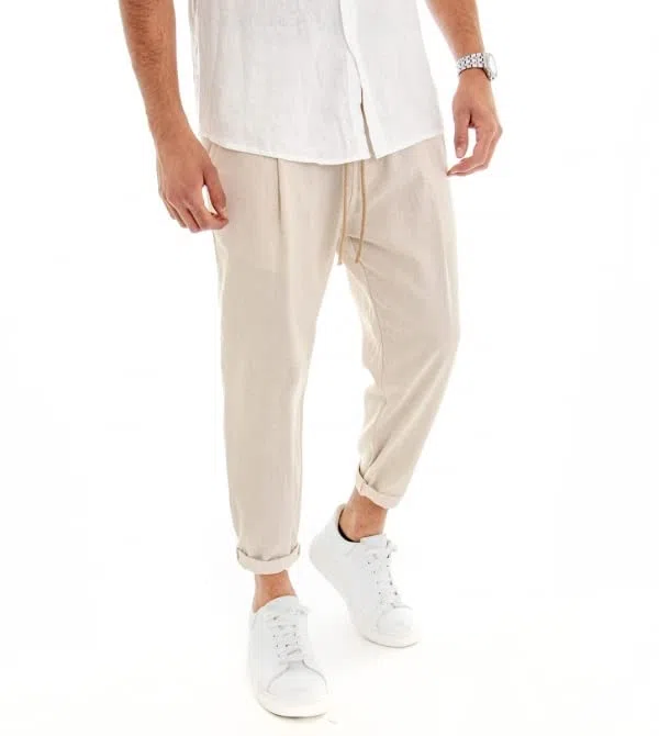 Giosal Pantalone Uomo Elastico Lino Tinta Unita Cavallo Basso Casual Vari Colori
