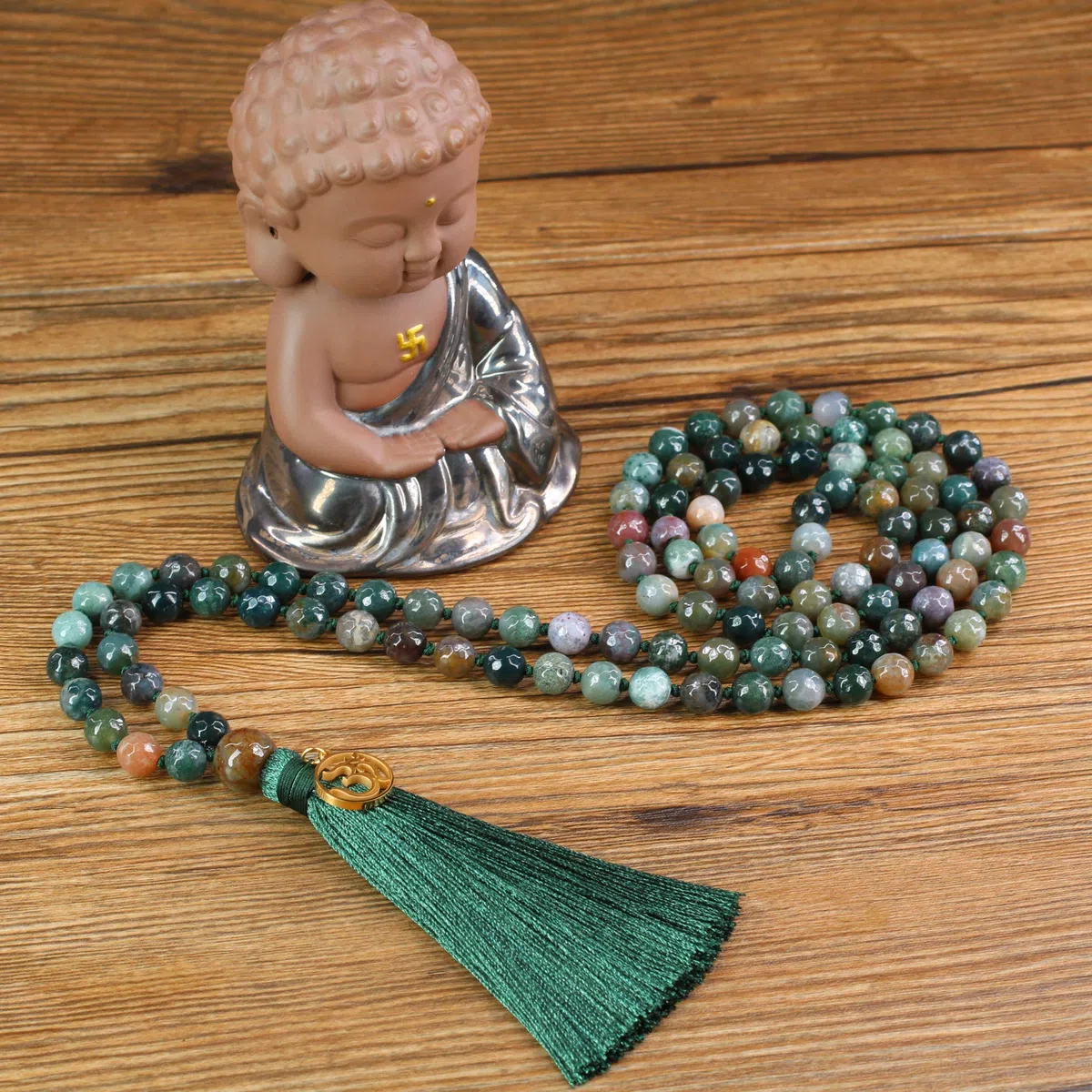coai Collana Mala 108 Perle in Pietre Naturali Annodate a Mano con Nappa e Amuleto OM, Rosario Buddista