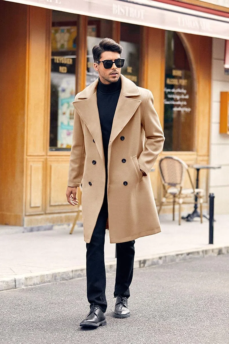 Runcati Cappotto da uomo Regular Fit Trench Cappotto Lungo Risvolto Doppio Petto Lana Business Giacca Inverno Peacoat