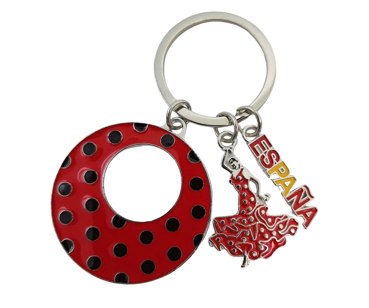 Ventaglio con pois dipinti a mano con fodera artigianale. Include fermaglio per capelli e portachiavi stile flamenco (Rosso LN)