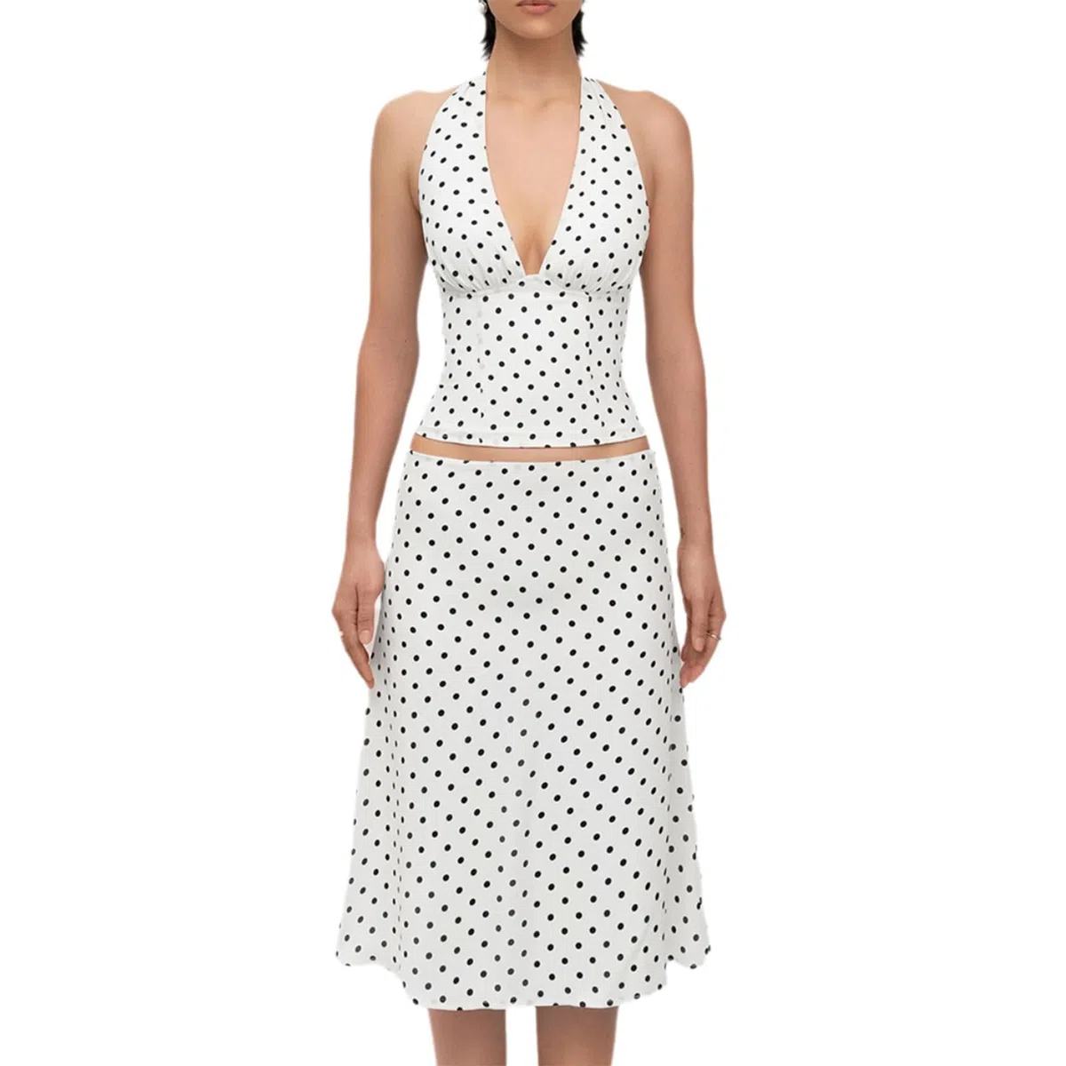 Set da Donna Vintage a Pois In 2 Pezzi, Gonna Longuette con Allacciatura Sul Retro e Gonna Midi for Uscire Abbinata