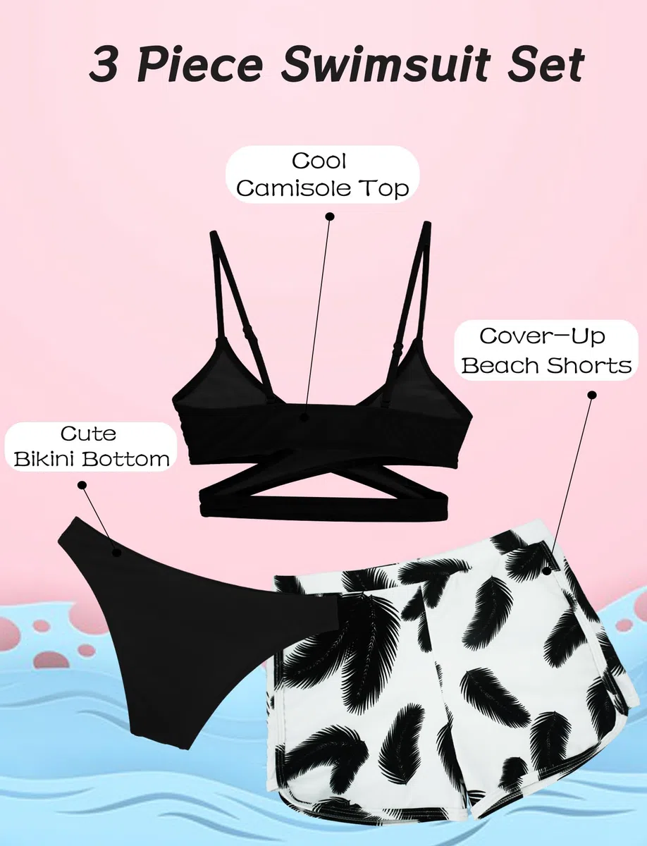 AIEOE Ragazza 3 Pezzi Bikini Stampa Tropicale Costume da Bagno con Cover Up Pantaloncini Mare Piscina 8-14 Anni