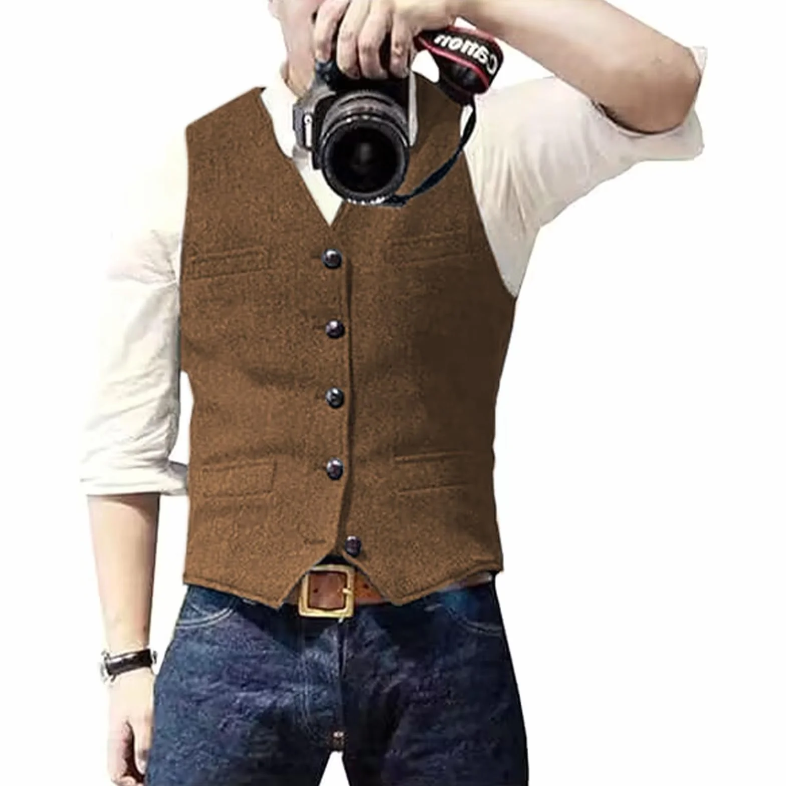 Solovedress - Gilet da uomo in lana, tessuto tweed, con motivo a spina di pesce, scollo a V, adatta per matrimoni