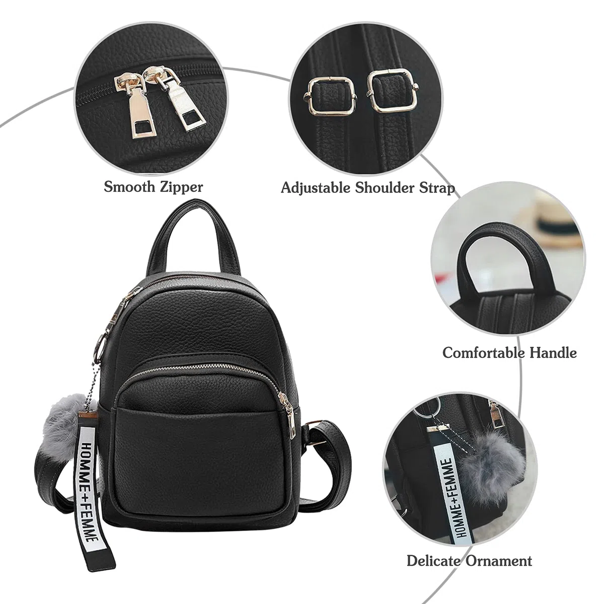 Mini zaino alla moda per ragazza, piccolo zaino con pompon da donna, in pelle PU, per viaggi, appuntamenti e shopping