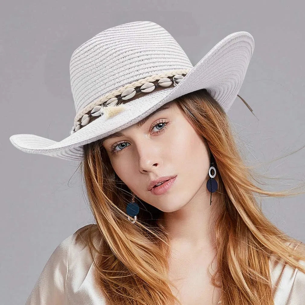 EOZY Cappello da Cowboy, Cappello di Paglia da Uomo, Cappello Estivo da Western, Protezione UV, Cappello da Sole Panama