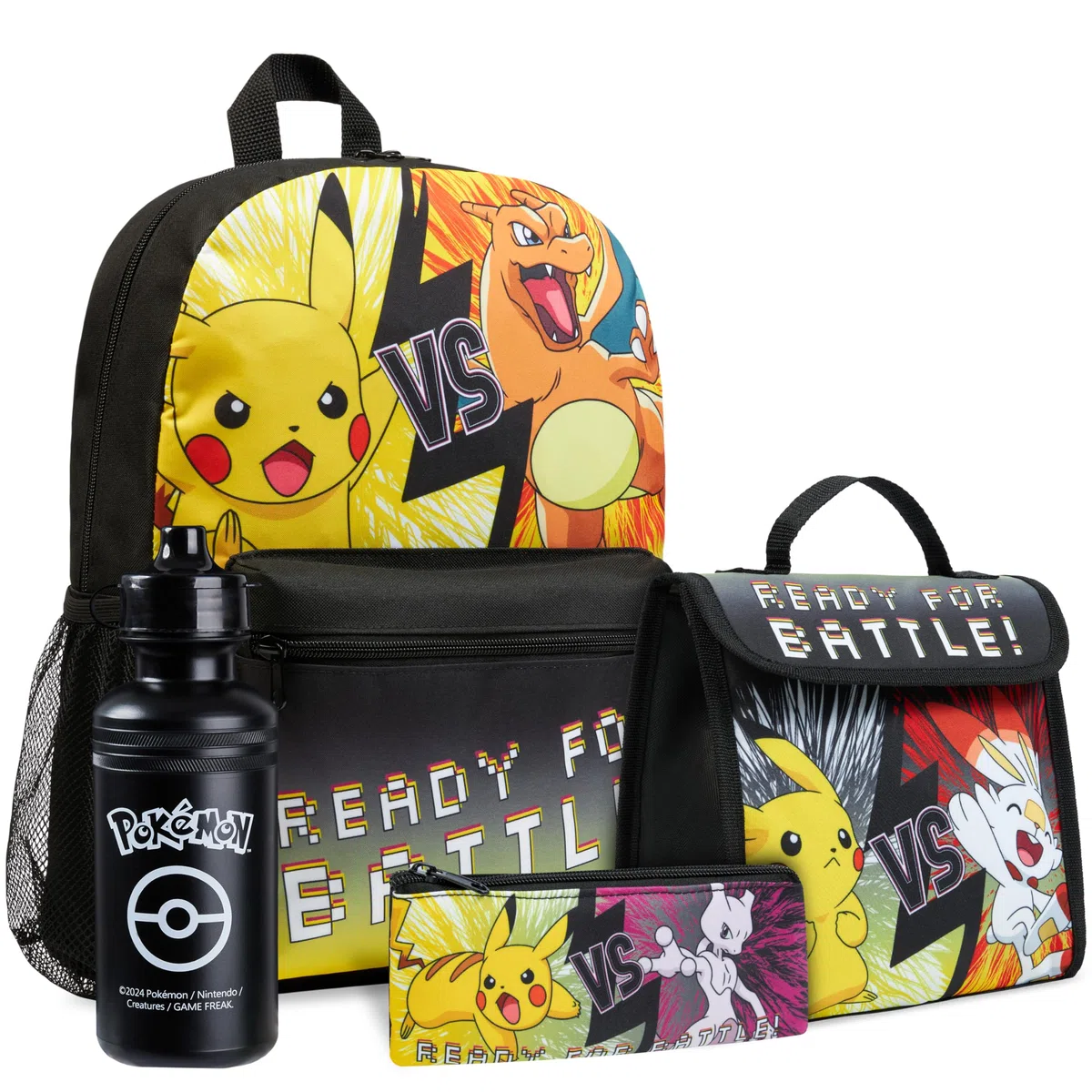 Pokémon Zainetto Bambino Set 4 Pz Zaino Borraccia Astuccio Borsa Porta Pranzo o Portafoglio Anime Accessori Scuola Regalo Bambini (Nero/Giallo 4 Pz Set)