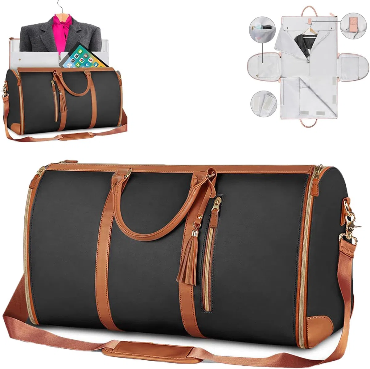Borsa da Viaggio Foldable, Garment Duffle Bag, Convertibile per Donna con Pouch per Scarpe, Capacità Elevata in Pelle PU Folding Carry On (nero)