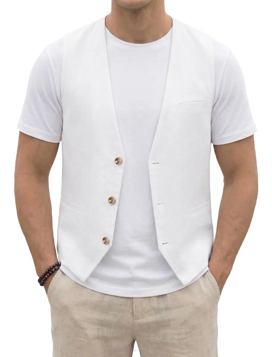 HISDERN Gilet estivo da uomo in cotone e lino modello casual in tinta unita con tasche
